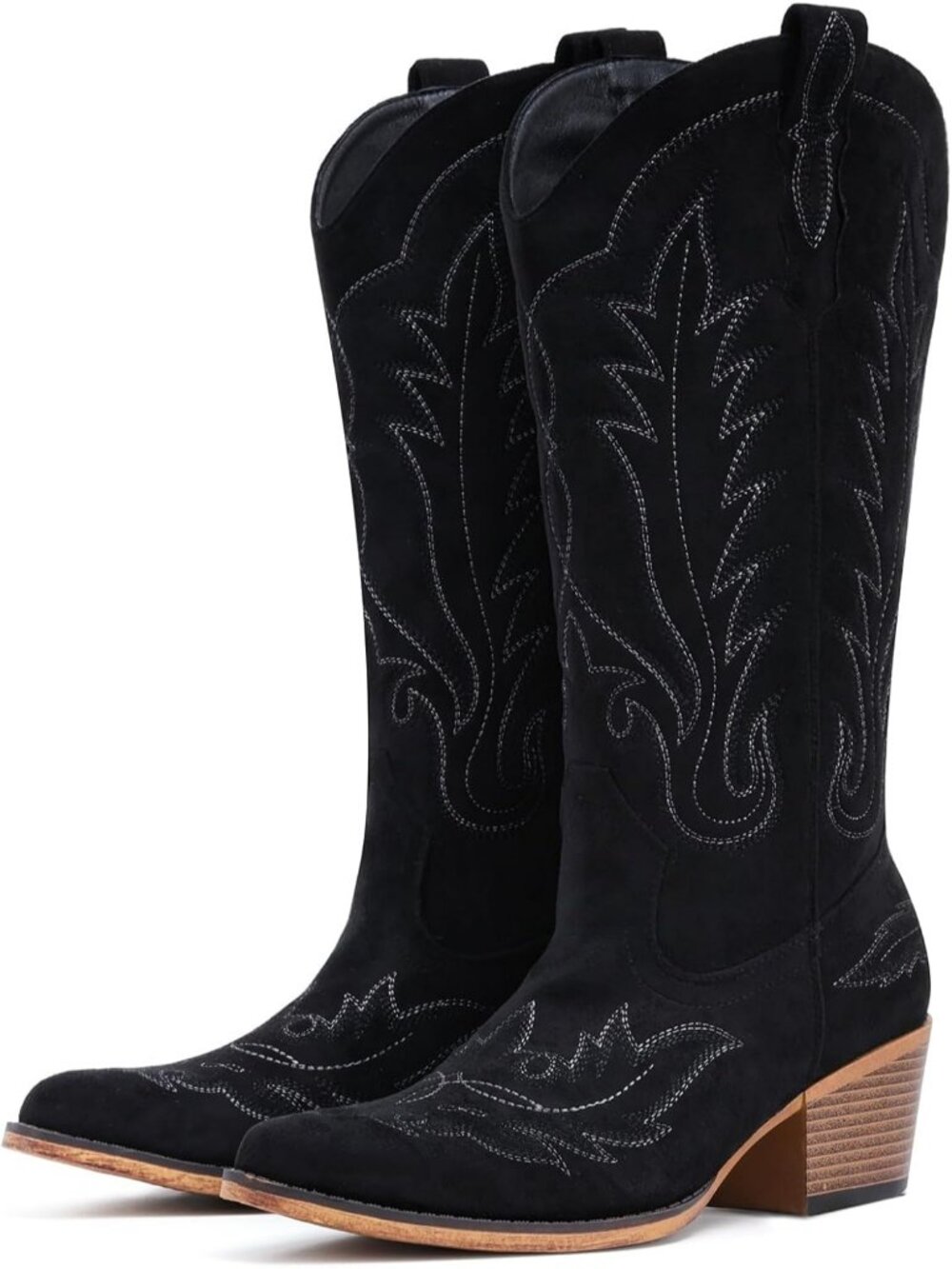 Women's Black Western Mid Calf Cowgirl Boots with Embroidered, Retro Snip Toe F
